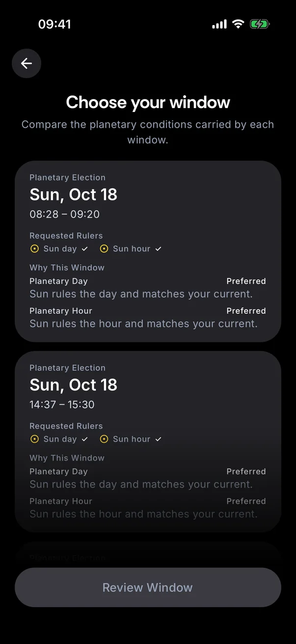 Ritual Planner: the windows the astronomy API found.