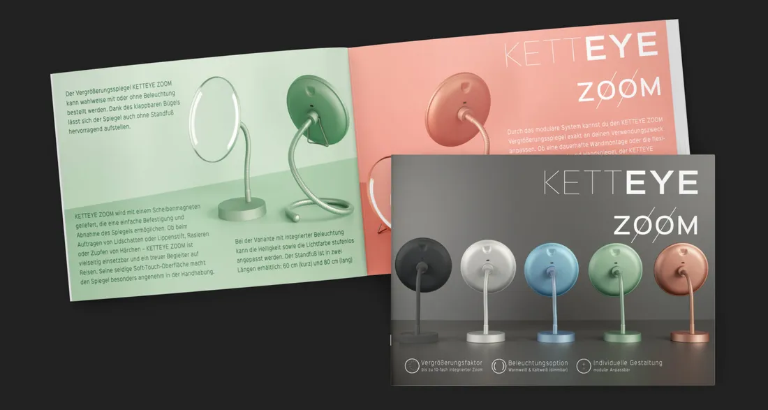 KettEye: Flyers, packaging and trade fair banners for a modular cosmetic mirror made in Germany.